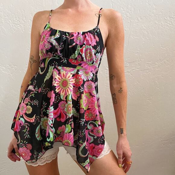 Y2K Black Floral Printed Mesh Babydoll Tank Top - Picture 1 of 6
